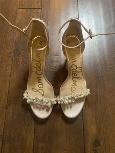 Sam Edelman Platt Pearl Detail Pink Satin Heels Ankle Strap Shoes Size 8 M - Picture 1 of 5
