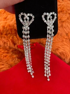 Silver rhinestones sparkle earrings hearts with diamante drop tassel wedding - Picture 1 of 7