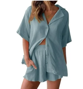 2 Piece Lounge Sets for Women Button Down Shirts and Shorts Casual Set Small - Picture 1 of 1