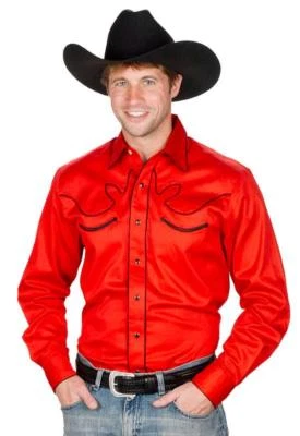 CAMISA INFORMAL VESTIDO VAQUERO OCCIDENTAL Hombres Rojo Retro Manga Larga Diseño Líneas Negras Foto 1 de 2