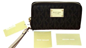 MICHAEL KORS Women's MK Signature Phone Case Wristlet Clutch Wallet Brown Gold - Picture 1 of 9