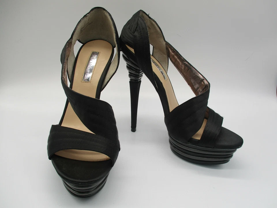 H by HALSTON negro satinado plataforma d'orsay esculpido tacón de aguja bomba talla 6 Foto 1 de 4