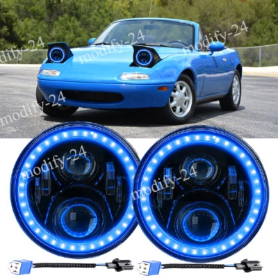 Par de faros LED redondos de 7" para proyector Mazda Miata 1990-1997 ojo de ángel azul Foto 1 de 4