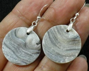 Runde Quarz Achat Druzy Welle .925 Sterlingsilber Ohrhänger Haken Ohrringe 1 3/4" - Bild 1 von 4