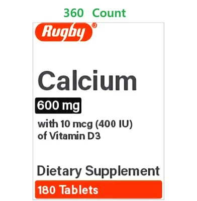 橄榄球钙 600 毫克含维生素 D3,骨骼膳食补充剂,360 片 — 第 1/4 张图片