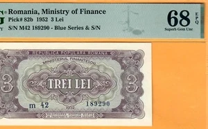 ROMANIA-SCARCE 3 LEI-1952-P.82b-# 189290 **PMG 68 EPQ SUPERB GEM UNC**TOP POP** - Picture 1 of 3