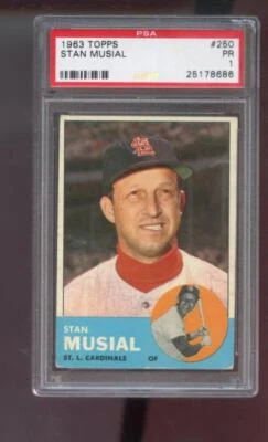Tarjeta de béisbol 1963 Topps #250 Stan Musial PSA 1 clasificación MLB St, Louis Cardinals Foto 1 de 2