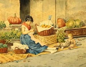 = Albert Roberti, Belgian ( 1811-1864) Watercolor "The Vegetable Seller", Signed - Picture 1 of 7