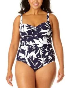 Anne Cole Women One Piece Swimsuit Twist Front Black White Leaves Size 22W - Picture 1 of 1