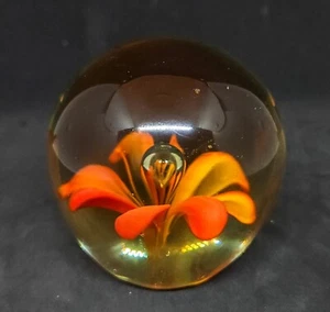 Vintage Art Glass Hand Blown Paper Weight Orange Petal Flower CONTROLLED BUBBLE - Picture 1 of 4