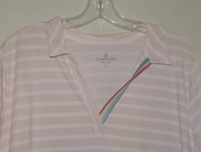 Cuddl Duds Smart Comfort Polo Women's L Elbow Sleeve Pink Striped V Neck Rainbow - Image 1 of 4