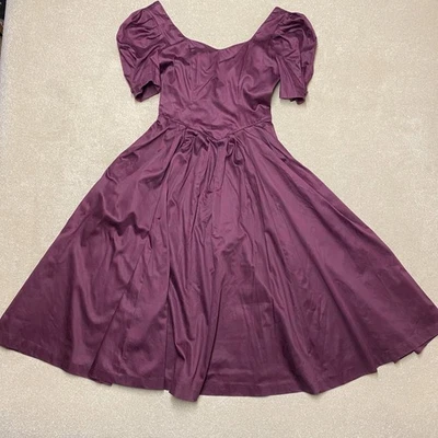 Vintage Laura Ashley Dress Women's UK 14 Purple Puff Sleeve Fit & Flare Midi UK - Image 1 of 4