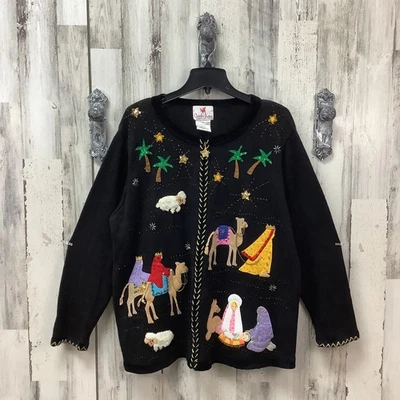 Quacker Factory Size 1X Christmas Nativity Scene Zip Cardigan - Image 1 of 4