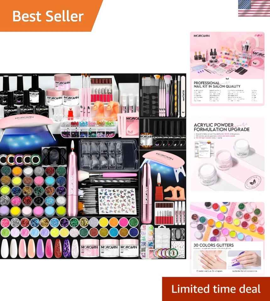 Conjunto de unhas de acrílico profissional para iniciantes: kit completo com broca e lâmpada para unhas - Imagem 1 de 4