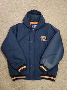 Vintage 90s Bears STARTER NFL Hooded Snap Button Jacket Mens XL Navy Blue Orange - Bild 1 von 10