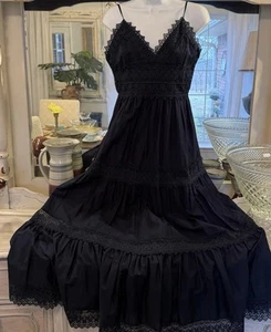 Women *Antonio Melani" Cotton spaghetti strap, eyelet long dress. sz 2 NAVY BLUE - Picture 1 of 20