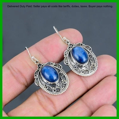 Sterling Silver Oval Natural Kyanite Sister Dangling Vintage New Year Earrings - Image 1 of 4