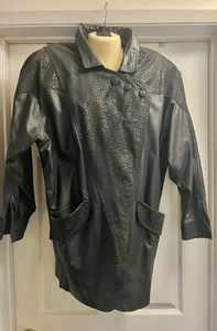 Vintage 80er Jacqueline Ferrar Mantel schwarz Leder hüftlang gepolsterte Schulter Medium - Bild 1 von 9