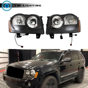 For 2005 2006 2007 Jeep Grand Cherokee Pair Headlights Halogen Headlamps Black - Picture 1 of 10
