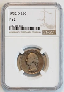 1932 D 25C US Washington Silver Quarter (NGC F12 F 12) KEY DATE - Picture 1 of 4