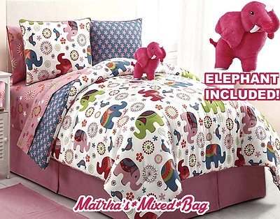 Girl Pink Zoo Safari Elephant Floral Twin/Full Comforter Sheet Set+Plush Animal - Image 1 of 4