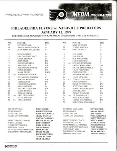 Folleto informativo del juego de medios Philadelphia Flyers 1999 vs Nashville Predators - Imagen 1 de 1