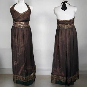 Y2K Adrianna Papell Sequin Silk Maxi Dress Gown Size 18 Bronze Black Gypsy Fairy - Picture 1 of 18