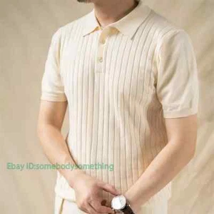 Camisa Tejida Vintage Moda Rayas Manga Corta Camisetas Hombres Camisa Suéter - Imagen 1 de 28
