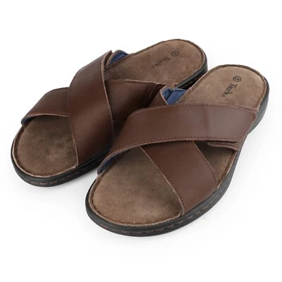 TIESTRA Herren Pantoletten Leder Bequem Leicht Kreuz Sommer Sandalen Casual Zehentrenner