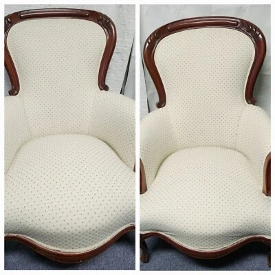 Lot 2 Vintage Antique Victorian Carved Parlor Arm Chair White Blue Upholstered - Image 1 of 4