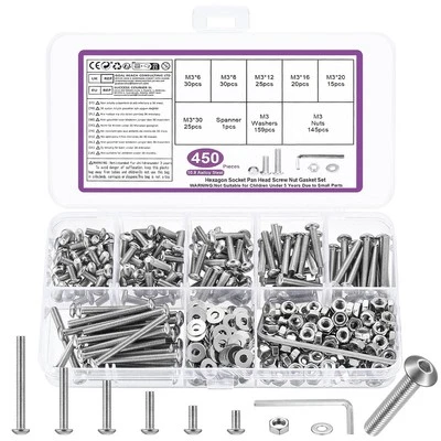 BATENGKEJI 450 Pcs M3 Bolts and Nuts Set, M3 Nuts and Bolts Set, Round Head Hexagon Socket