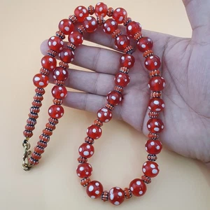 Venetian Style Red Dotted Glass & Chevron Vintage Glass Beads Necklace - Picture 1 of 18