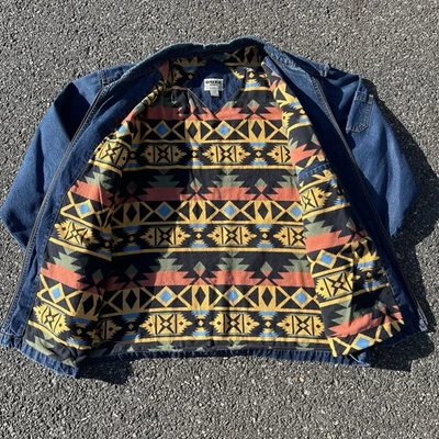 Vintage 90s Haband Denim Full Zip Aztec Lined Jean Chore Barn Coat Jacket SZ XL - Image 1 of 3