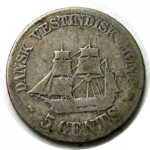 elf Danish West Indies 5 Cents 1859 Silver Ship US Virgin Islands - Picture 1 of 2