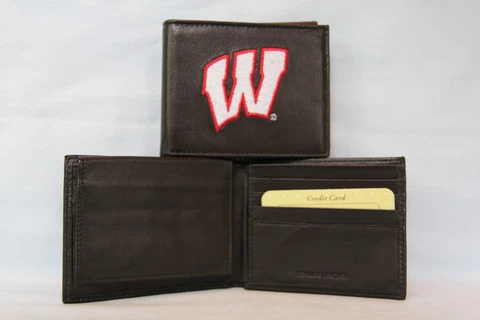 WISCONSIN BADGERS   embroidered Leather BiFold WALLET  New!   black Cover