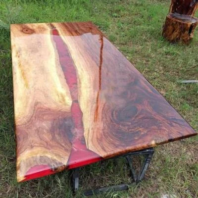 Red Epoxy Table, Mid Century Modern Dining Coffee Table, Acacia Wood Table Tops - Image 1 of 4