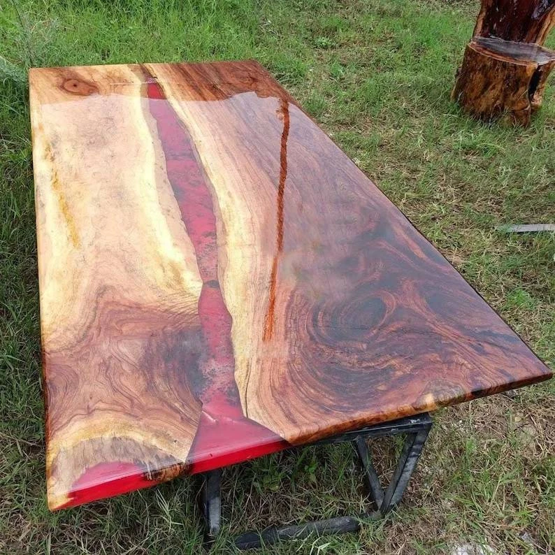 Red Epoxy Table, Mid Century Modern Dining Coffee Table, Acacia Wood Table Tops - Image 1 of 4