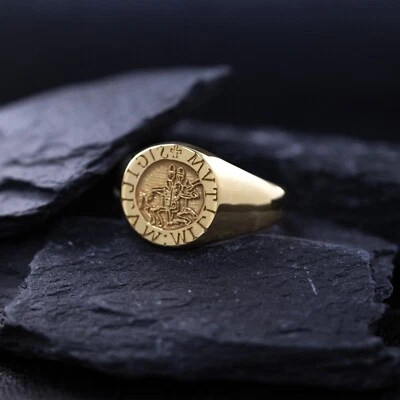 Knights Templar Wax Seal Solid 14k Gold Signet Ring, Handmade Ring - Image 1 of 4