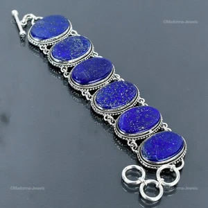 Valentines Sale Lapis Lazuli Stone 925 Sterling Silver Chain Vintage Bracelet - Picture 1 of 7
