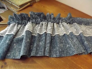 HANDMADE BLOUSON VALANCE denim blue W/ white lace 58W x 14.5" - Picture 1 of 12