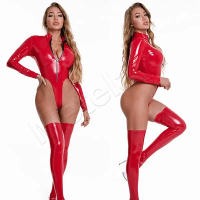 Sexy Latex Leather Wet Look Bodysuit Lingerie High Cut Thong Leotard + Stockings - Image 1 of 4