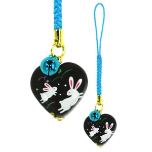 Japanese Netsuke Keychain Charm Bell Heart Shaped Usagi Lucky Rabbit JAPAN MADE - Picture 1 of 1