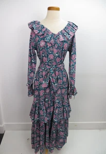 Ophelia & Indigo Dress Size S Midi Green Pink Multicolor Tiered Self Belt - Picture 1 of 6