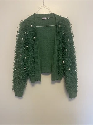 Mighty Fine Womens Green Pearl Embellished Lumpy Knit Short Open Cardigan XL - Image 1 of 4