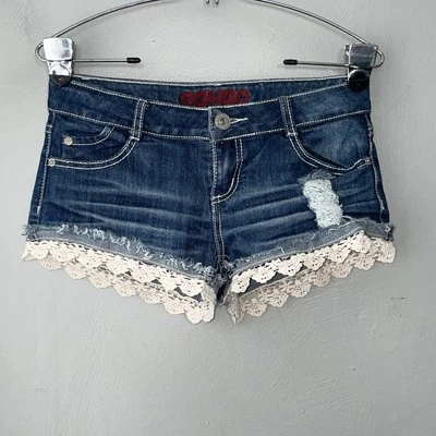 Bongo Size 3 Blue Jean Denim Low Rise Shorts Micro Mini Y2K 2000s Crochet Lace - Image 1 of 4