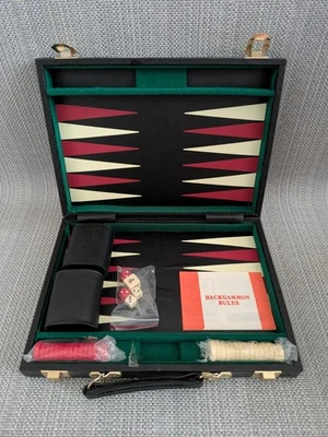 Vintage Faux Leather Backgammon Set Red/Black Portable Travel Case Complete - Image 1 of 4