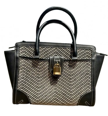 Calvin Klein Black and White Woven Double Handle Shoulder Bag Gold Lock Hardware - Image 1 of 4
