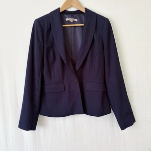 Review Blazer Jacket Size 12 Navy Blue Textured Tailored Fitted Office Pockets - Picture 1 of 10