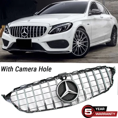 Chrome Grille W/Emblem For Mercedes Benz W205 C300 2015-2018 Front Upper Grill Foto 1 de 4