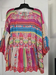 Johnny Was Embroidered Hem and Cuffs Peplum Top-Petite Large - Picture 1 of 5
